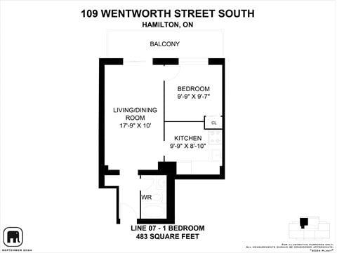 Floor plan for 1 bed, 1 bath, 483 sqft